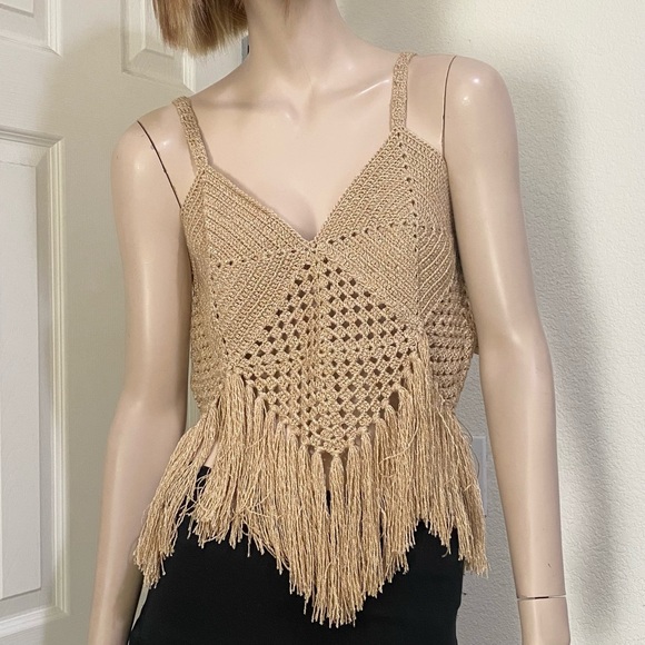 MIREMAR Natural Beige Tan Crochet Fringe Bohemian Boho Top One Size - Picture 3 of 15